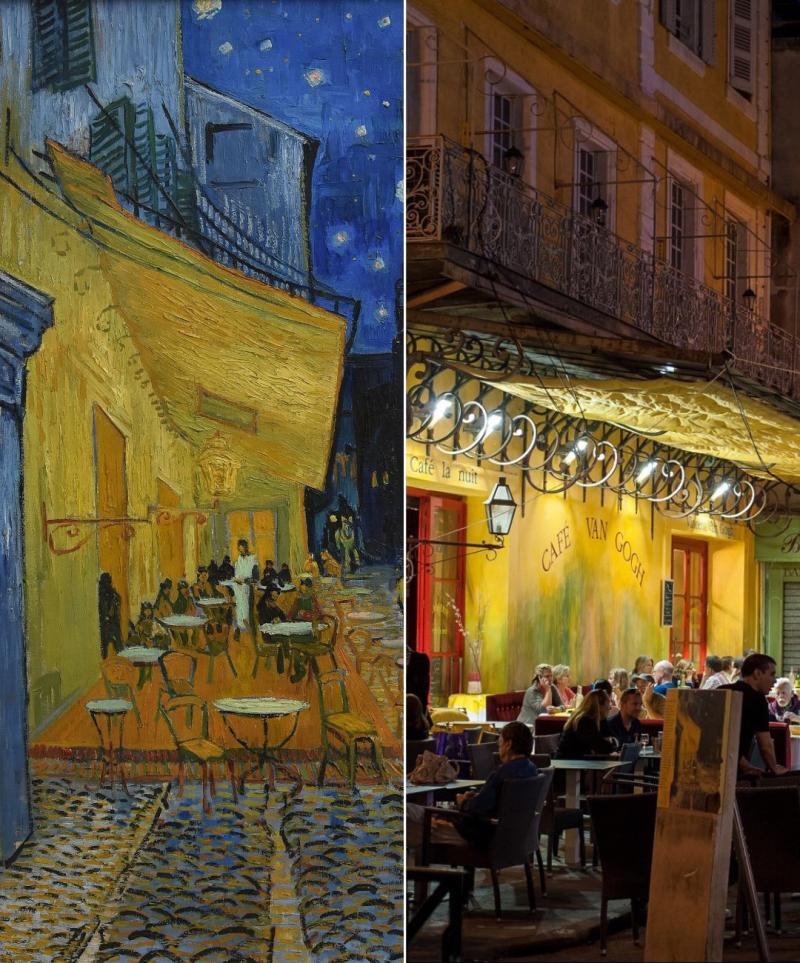 Terraza de café por la noche.