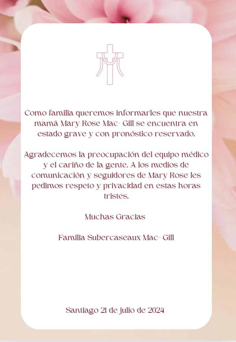 Comunicado que confirma el estado de salud de Mary Rose Mac-Gill