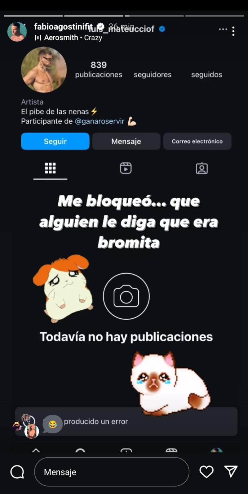 Luis Mateucci bloqueó a Fabio de Instagram