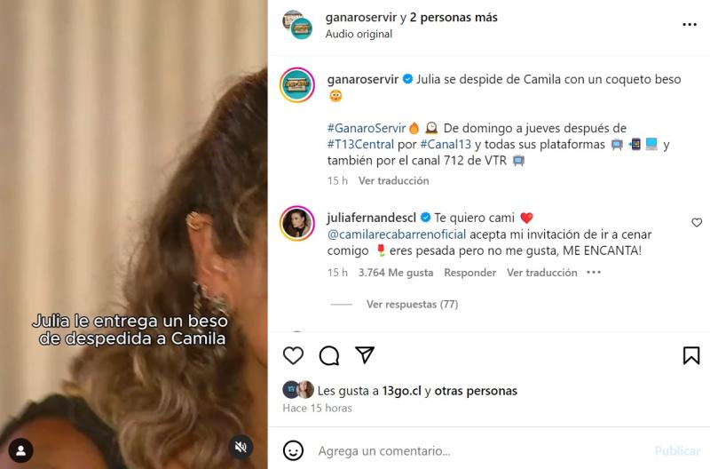 El comentario de Julia para Camila Recabarren en publicación de Ganar o Servir