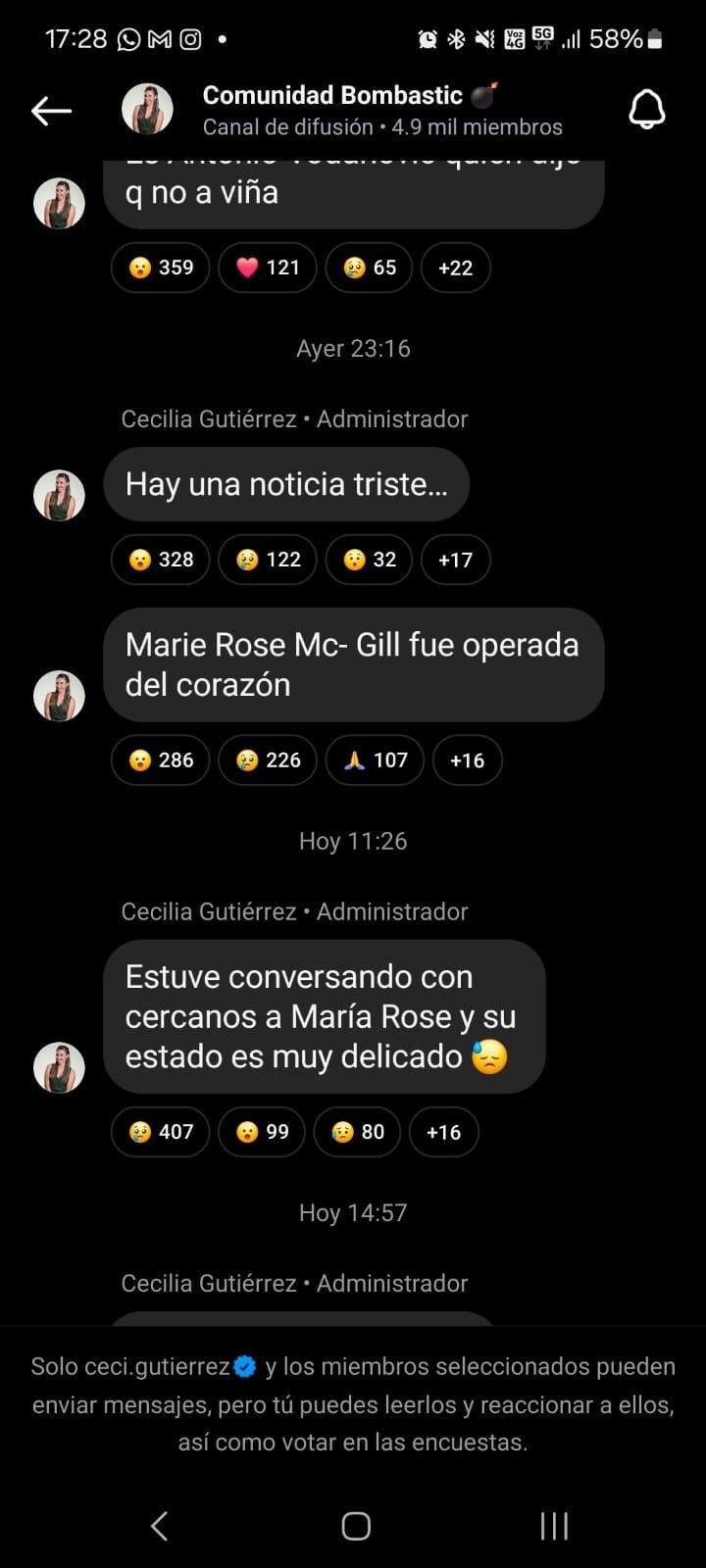 Cecilia Gutiérrez informa sobre el delicado estado de salud de Mary Rose Mac-Gill