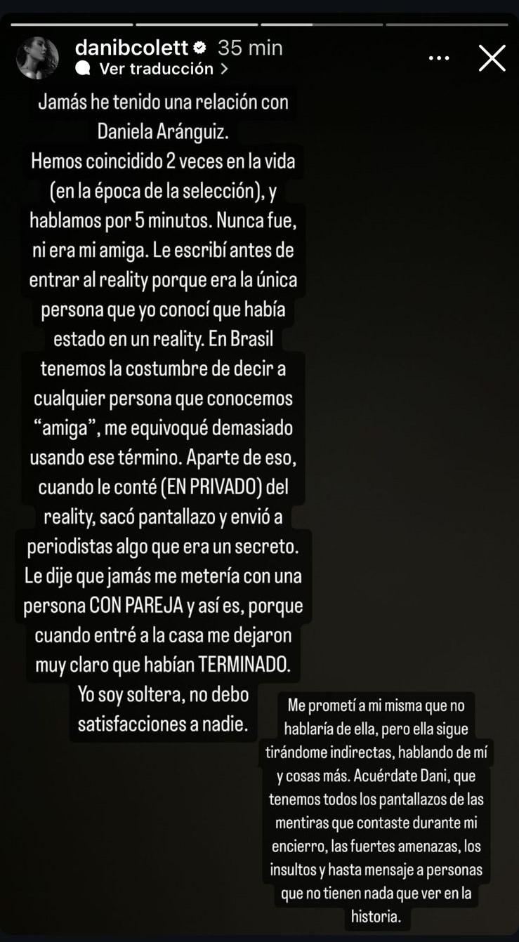 Historia de Daniela Colett dirigida a Daniela Aránguiz.