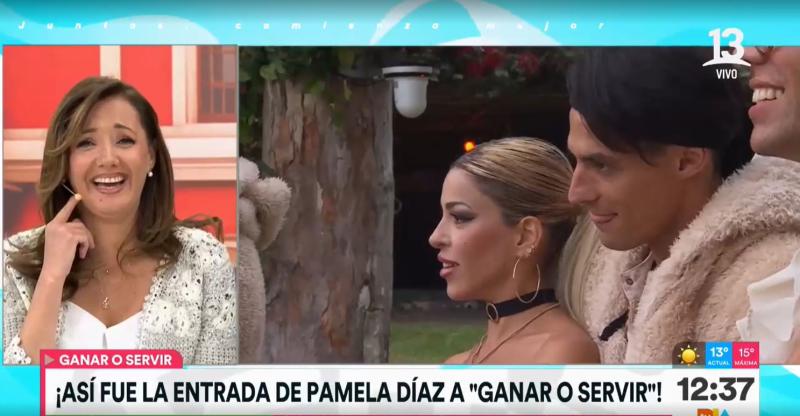 Oriana y Facundo mirando a Pamela Díaz llegar a Ganar o Servir