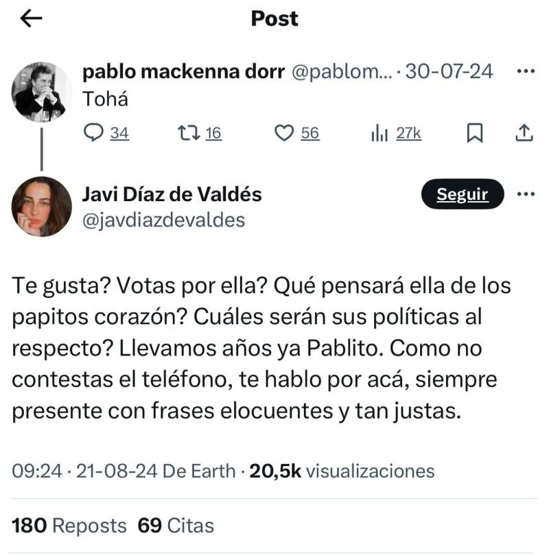 Javiera Díaz de Valdés encaró a Pablo Mackenna y lo acusó de "papito corazón".
