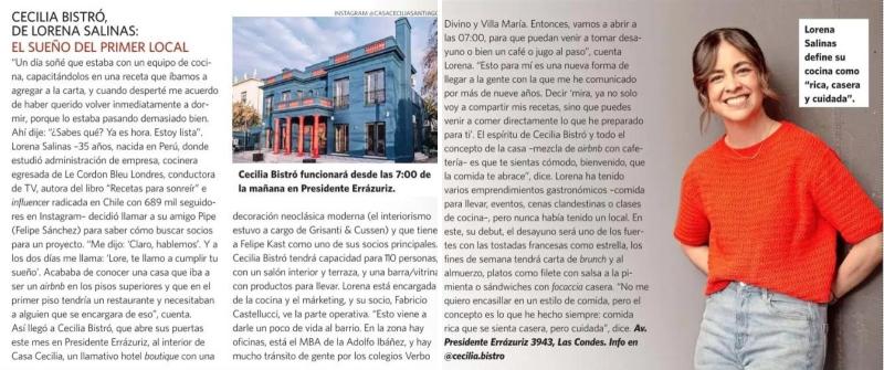 Cecilia Bistró: El primer local de Lorena Salinas. Revista Wikén.