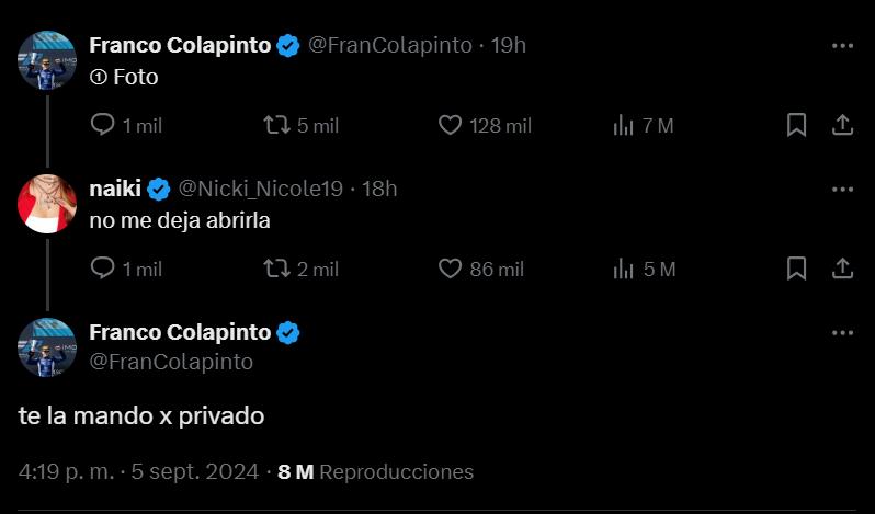 Franco Colapinto y Nicki Nicole protagonizan coqueto intercambio en redes.