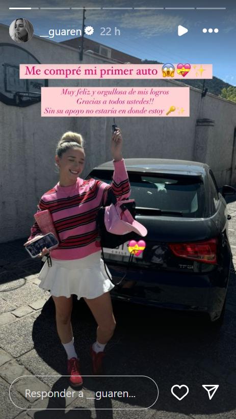 Guarén celebró en redes sociales la compra de su primer auto.