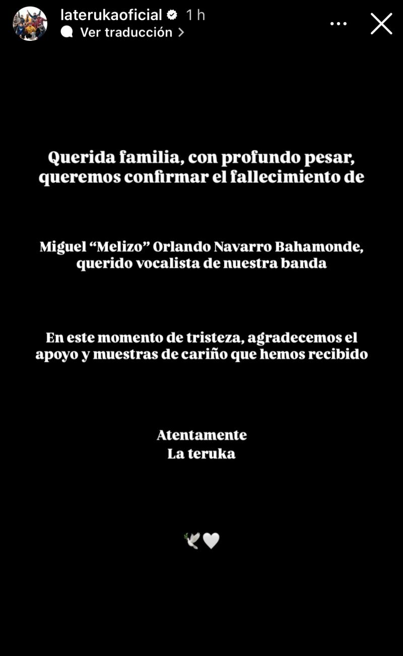 Muere cantante y vocalista de La Teruka - Instagram
