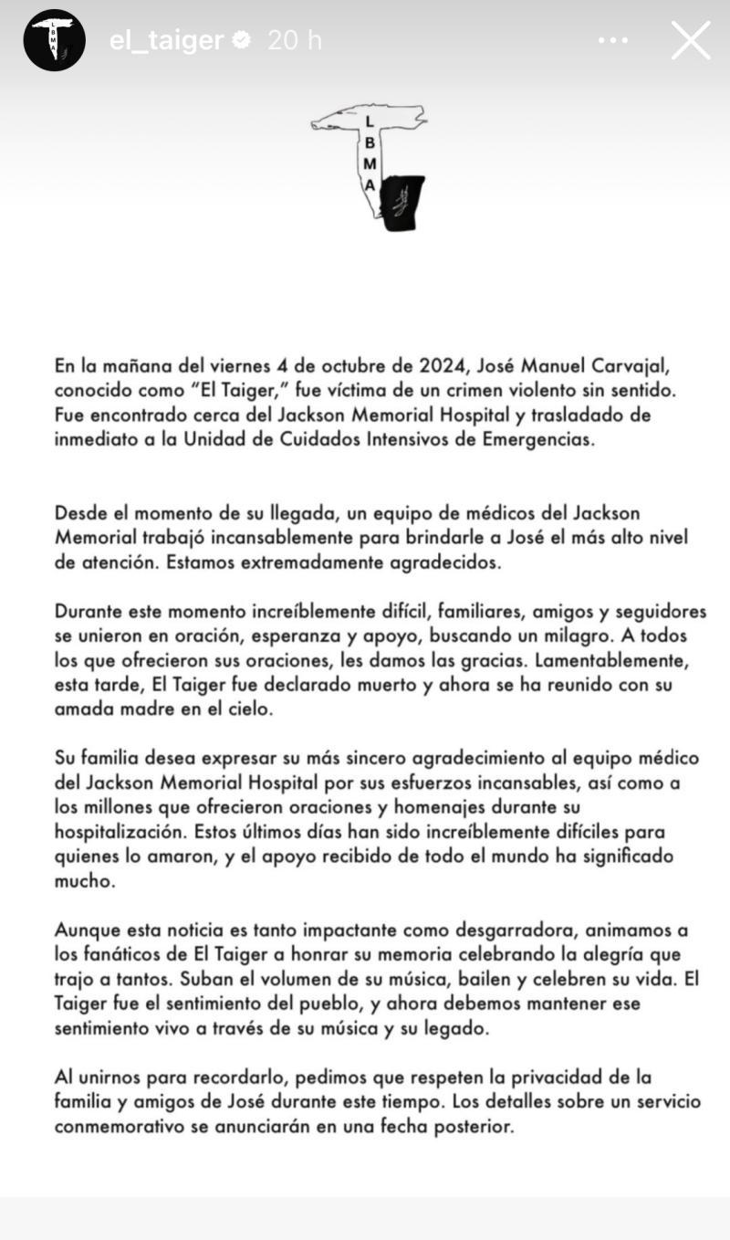 Confirman la muerte del reconocido cantante de reggaetón "El Taiger" - Instagram