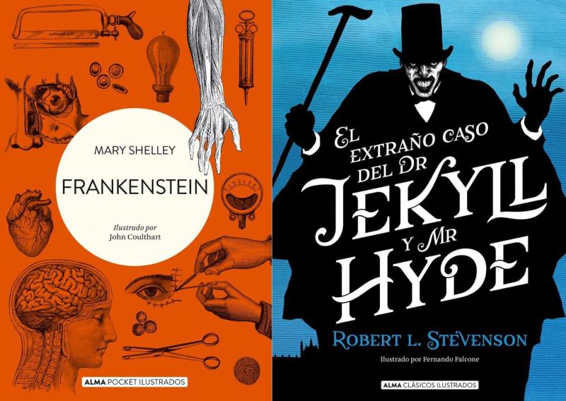 Portadas de "Frankenstein" y "Doctor Jekyll y Mr. Hyde".