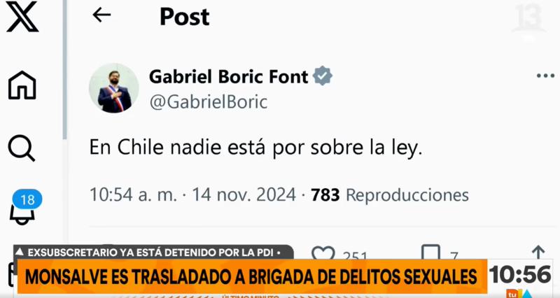 Presidente Boric reacciona en redes sociales a la detención de Manuel Monsalve
