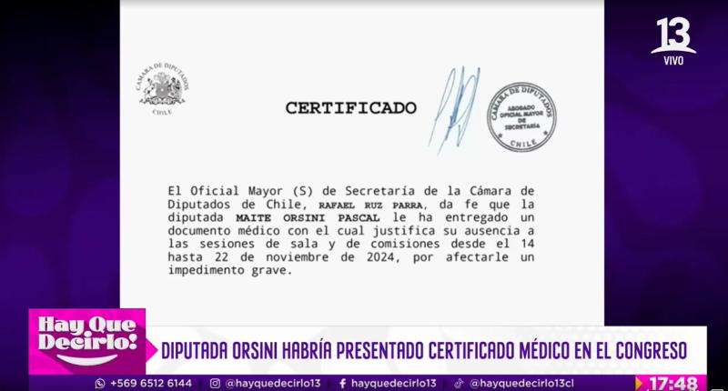 El documento que justifica la ausencia de Maite Orsini en el Congreso durante el supuesto encuentro con Jorge Valdivia