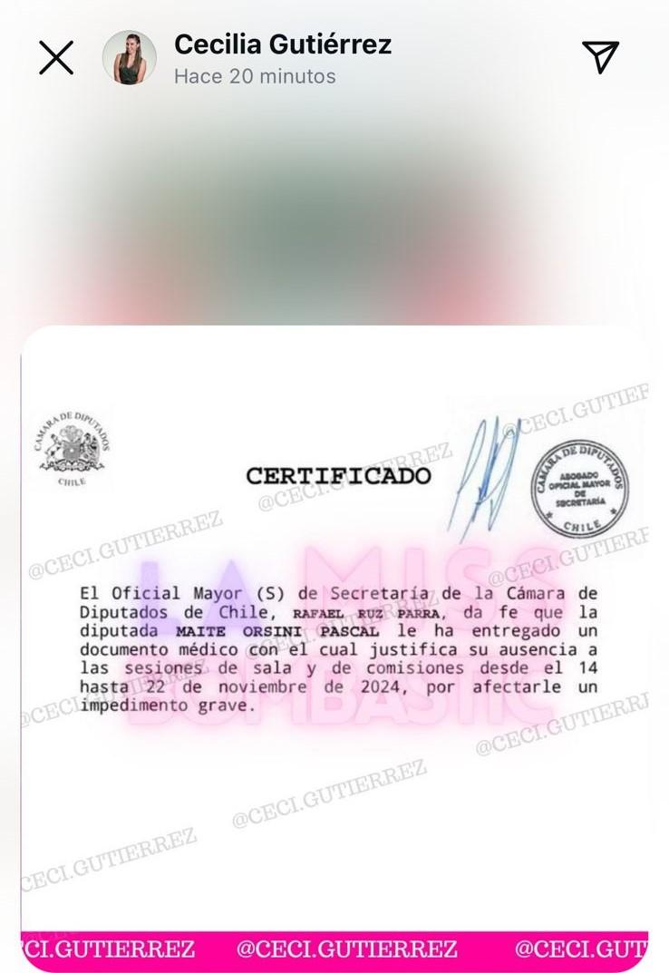 Cecilia Gutiérrez compartió certificado en el que se justifica la ausencia de Maite Orsini en el Congreso.
