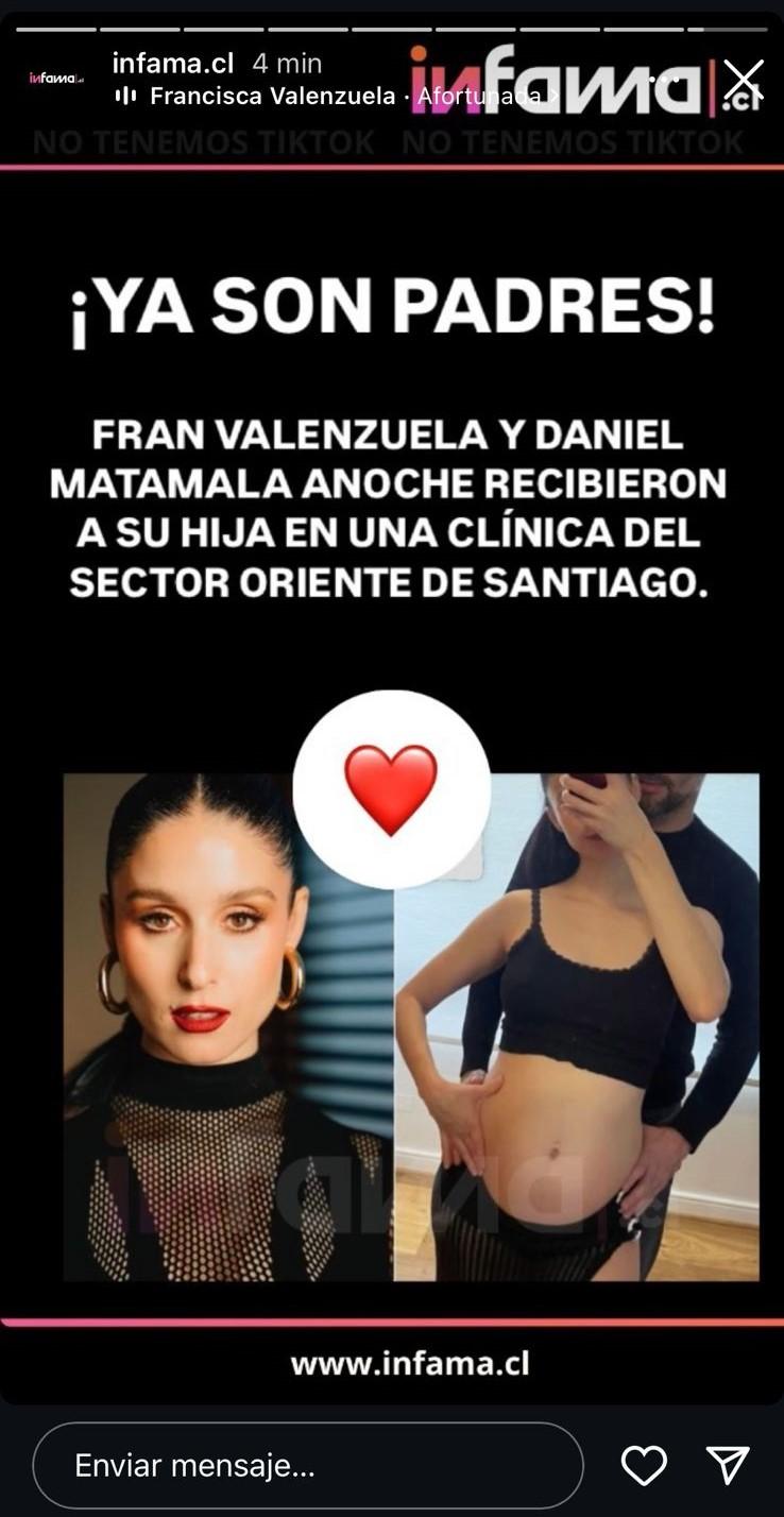Aseguran que Francisca Valenzuela ya dio a luz a su primer hijo con Daniel Valenzuela.