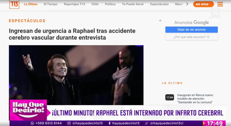 Ingresan de urgencia a Raphael tras accidente cerebrovascular durante entrevista