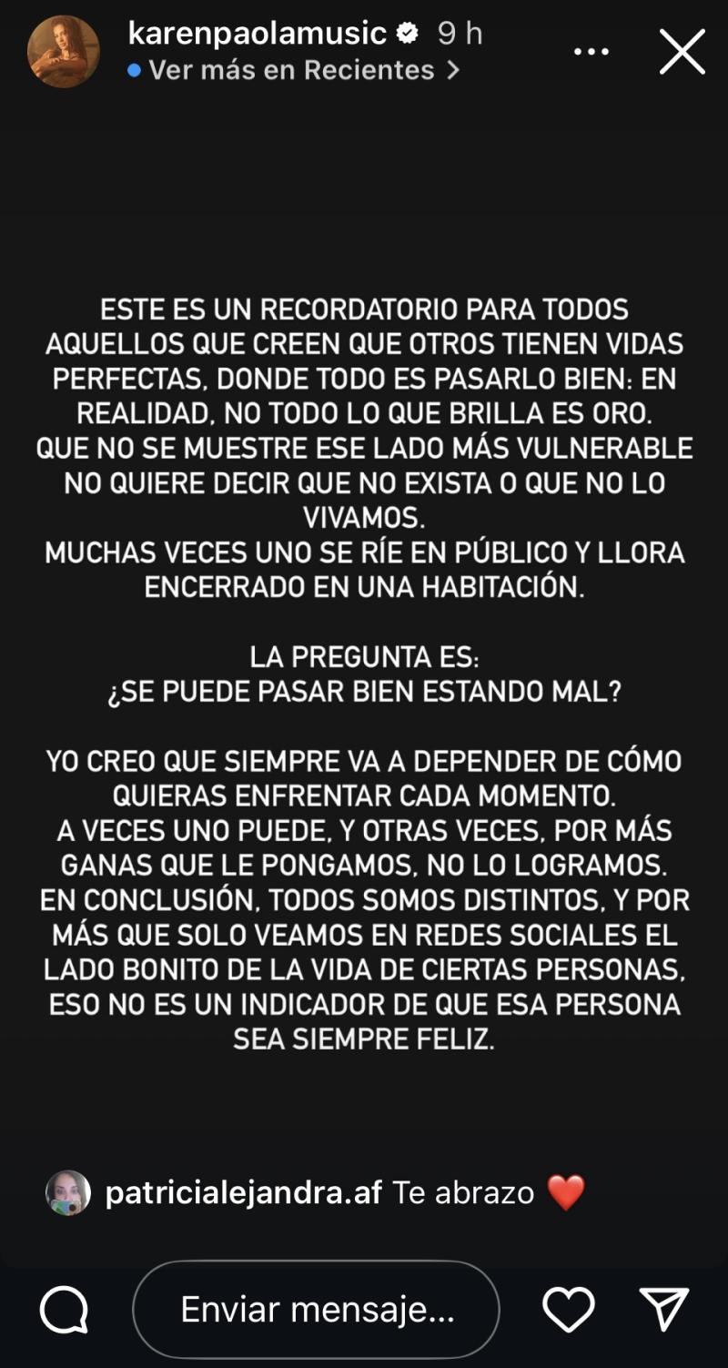 Mensaje de Karen Bejarano - Instagram