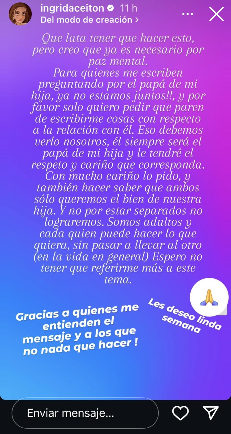 Ingrid Aceitón confirmó el fin de su relación con el padre de su hija