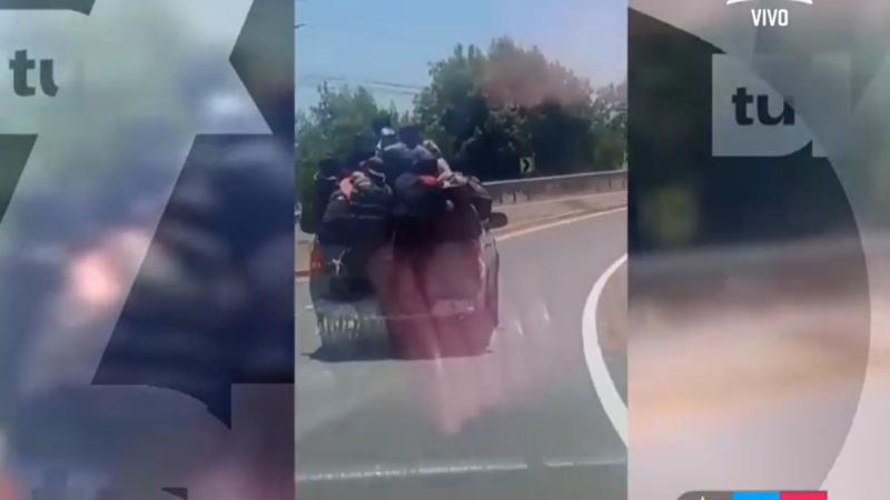 Temporeros realizan peligrosa maniobra para trasladarse en pick up de camioneta en Teno