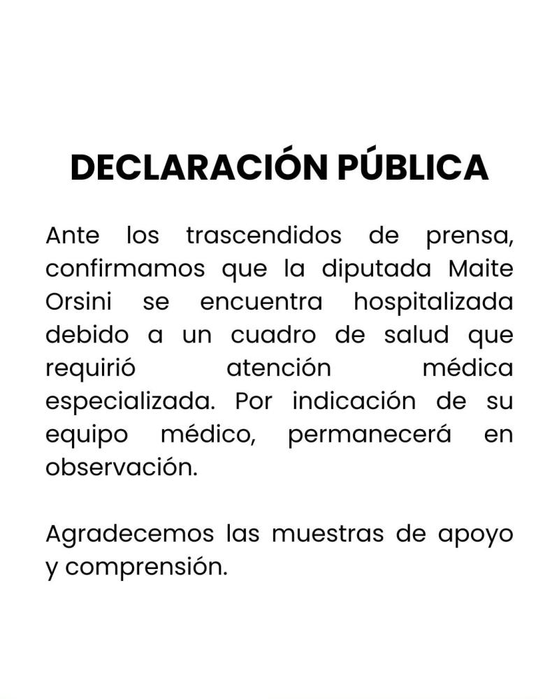 Equipo de Maite Orsini confirma que la diputada se encuentra hospitalizada
