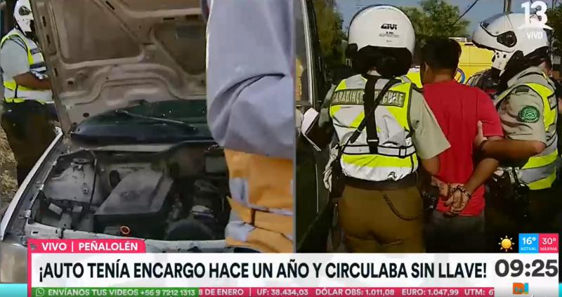 Detienen a conductor por manejar auto con encargo por robo y sin llaves en Peñalolén