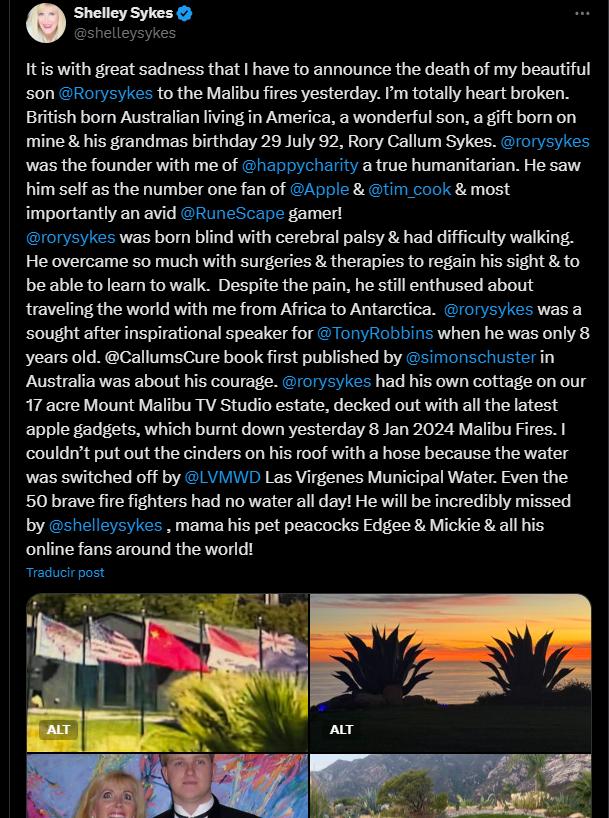 Madre de Rory Callum Sykes confirmó su trágica muerte en medio de los incendios de Los Ángeles.
