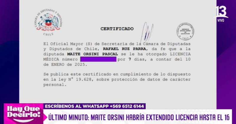 Maite Orsini presentó su quinta licencia médica consecutiva.