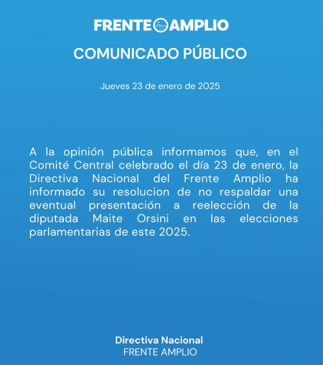 Frente Amplio anunció que no apoyará a Maite Orsini ante una eventual reelección.