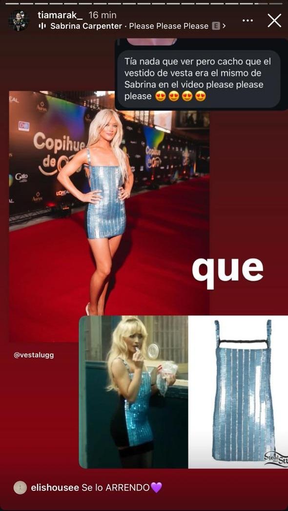 Vesta Lugg desfiló por los Copihue de Oro con el mismo vestido que Sabrina Carpenter usó en un videoclip