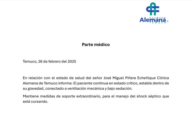 Parte médico de Miguel "Negro" Piñera - Clínica Alemana, 26 de febrero