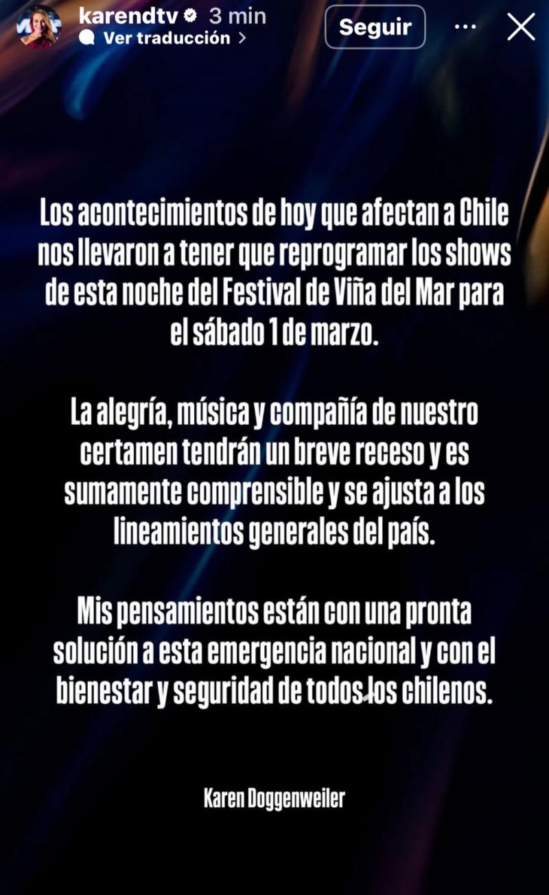 Comunicado de Karen Doggenweiler, animadora de Viña 2025