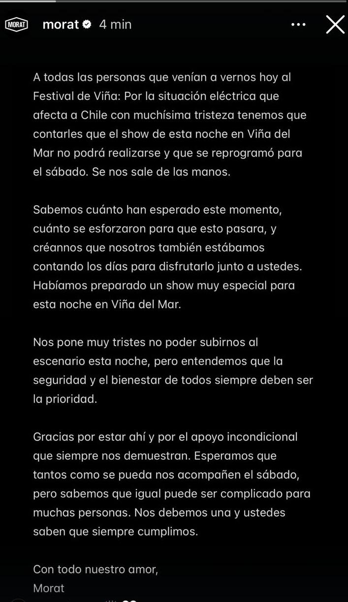 Comunicado de Morat por cancelación de la tercera noche de Viña 2025