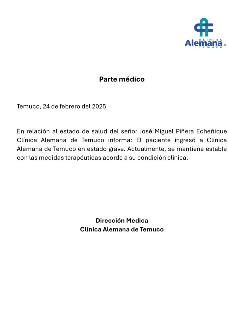 Parte médico de Miguel Piñera - Clínica Alemana de Temuco