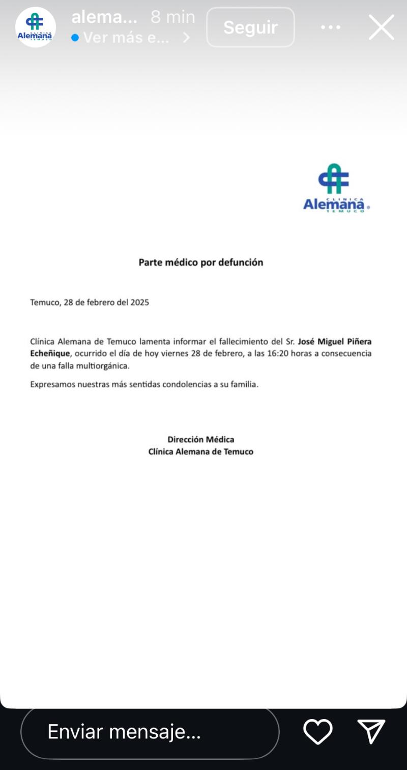 Comunicado de causa de muerte de Miguel Piñera - Clínica Alemana de Temuco