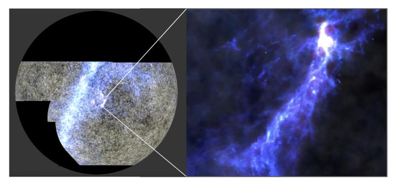 A la izquierda, parte de la nueva imagen de medio cielo del Telescopio Cosmológico de Atacama del satélite Planck. Se han combinado tres longitudes de onda de luz para resaltar la Vía Láctea en púrpura y el fondo cósmico de microondas en gris. El cielo está girado para resaltar la parte de la Vía Láctea que alberga la nebulosa de Orión, mostrada en el zoom de 5 grados de la derecha. Créditos: ACT Collaboration; ESA/Planck Collaboration.