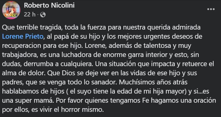 El mensaje de Roberto Nicolini a Lorene Prieto | Facebook