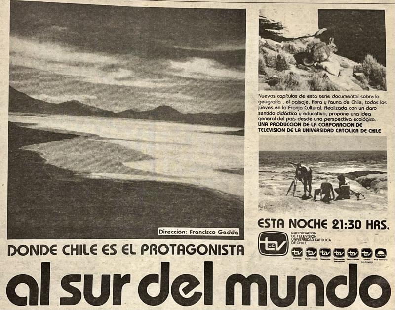 Anuncio del programa Al Sur del Mundo en Canal 13. Temporada 1985. Créditos: @chilenoveleros en Instagram.