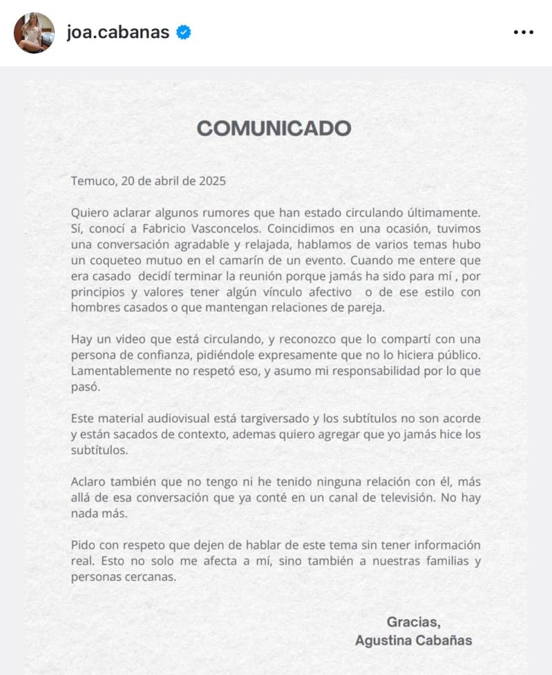 Comunicado de Agustina Cabañas, supuesta amante de Fabricio Vasconcelos | Instagram