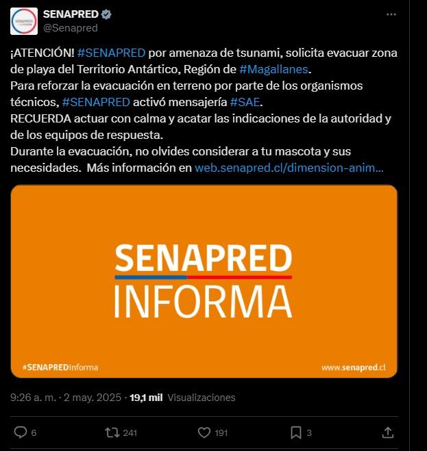 Aviso de Senapred por amenaza de tsunami en región de Magallanes