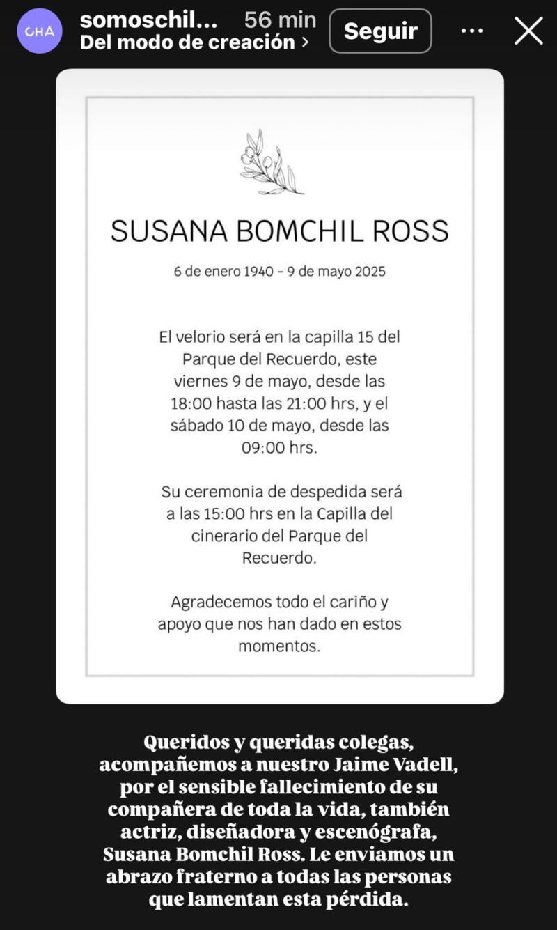 ChileActores sobre la muerte de Susana Bomchil, esposa de Jaime Vadell - Captura de Instagram