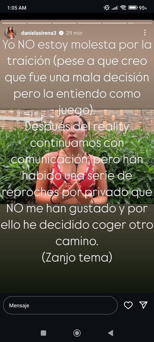 Historia de Daniela Requena en Instagram confirmando quiebre con Faloon