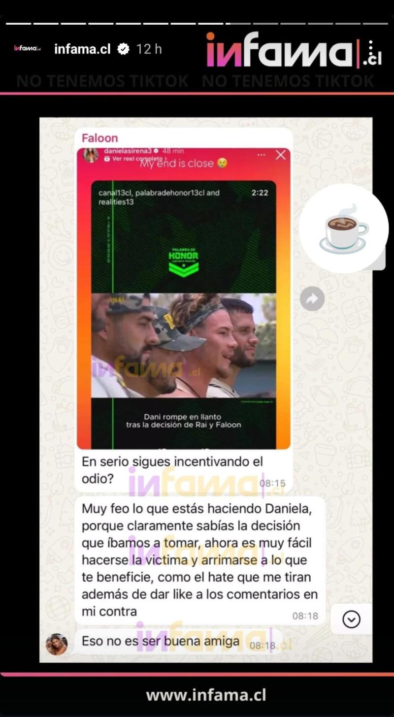 Mensaje de Faloon a Daniela filtrado por Fabio Agostini a Infama