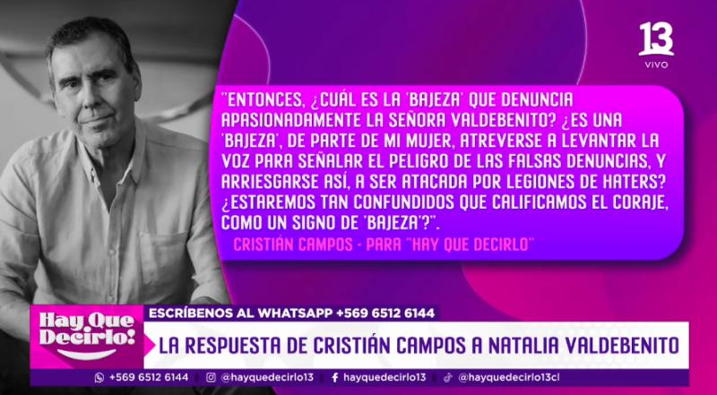 Cristián Campos responde los polémicos dichos de Natalia Valdebenito.