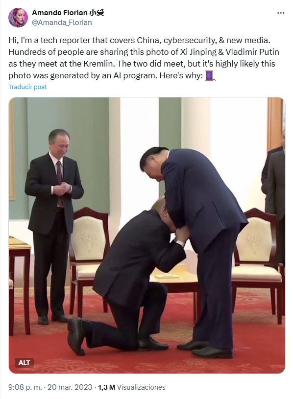 Usuaria en X aclara que imagen de , el mandatario ruso Vladímir Putin arrodillado frente al presidente chino Xi Jinping fue hecha con IA. Créditos: X.