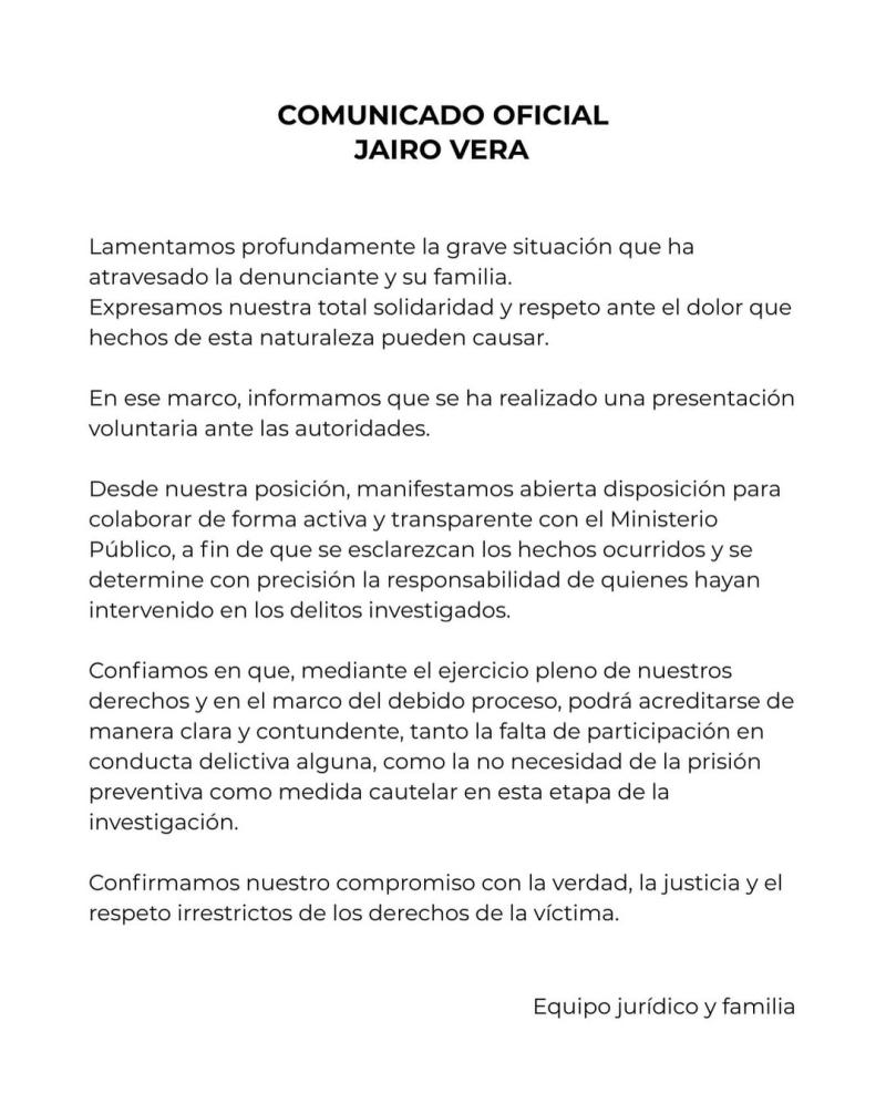 Comunicado Jairo Vera | Instagram