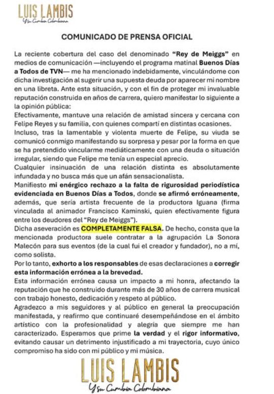 Comunicado Luis Lambis | Instagram