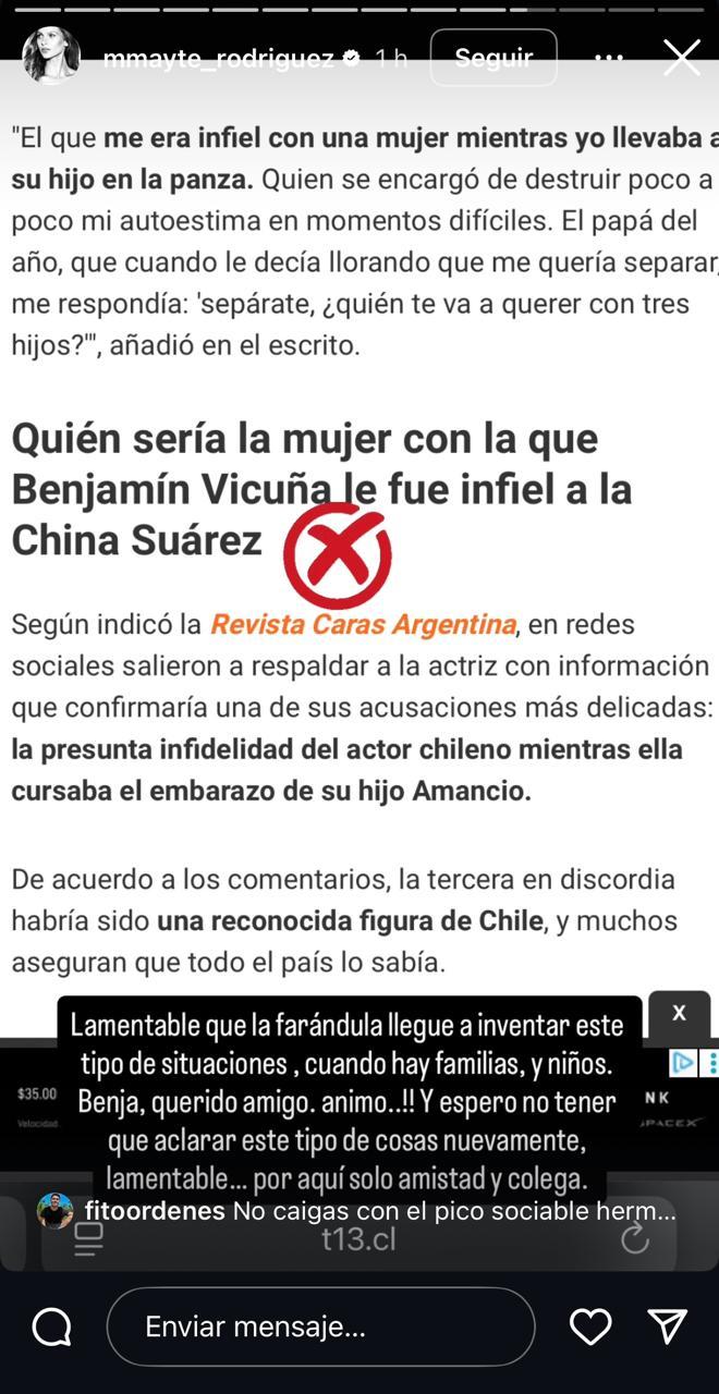 Actriz chilena desmiente supuesta 'affaire' con Benjamín Vicuña.