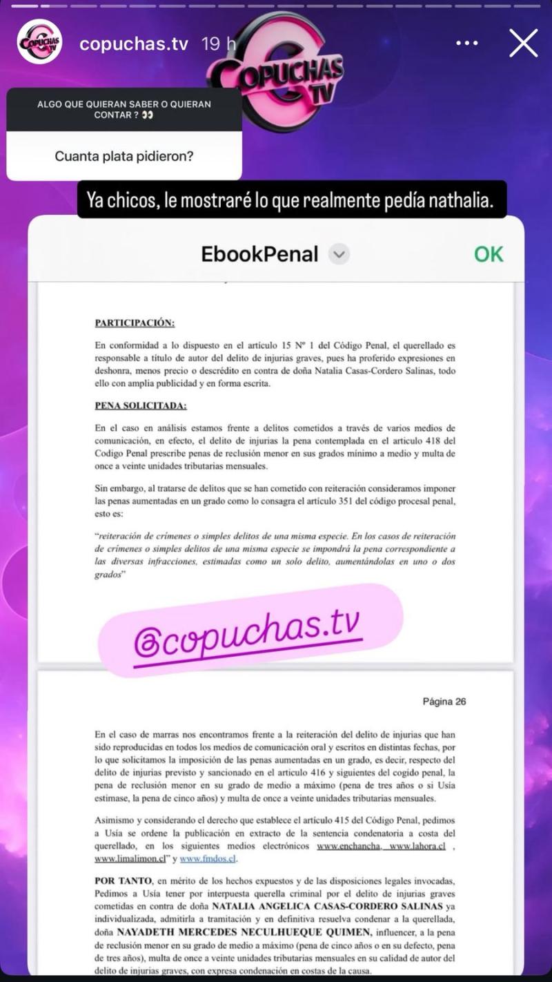 Documento que explica la pena que pedía Natalia Casas-Cordero contra Naya Fácil - Créditos: Copuchas TV