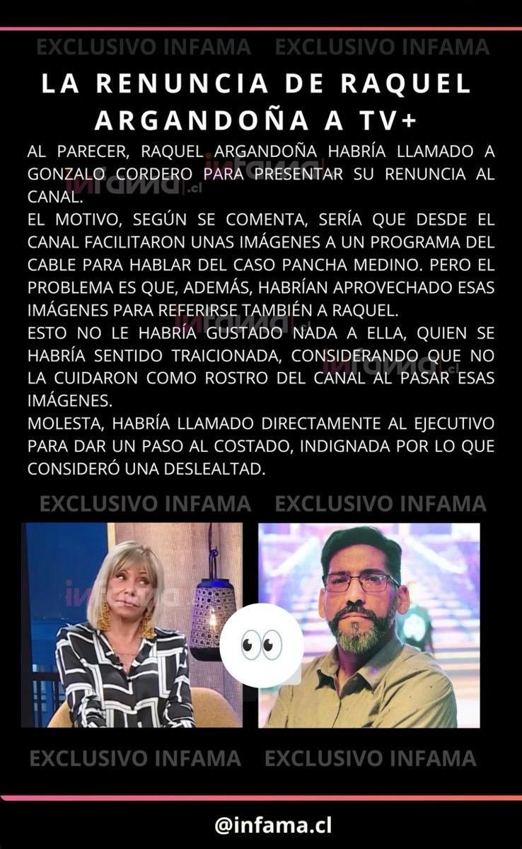 Raquel Argandoña habría renunciado a TV+