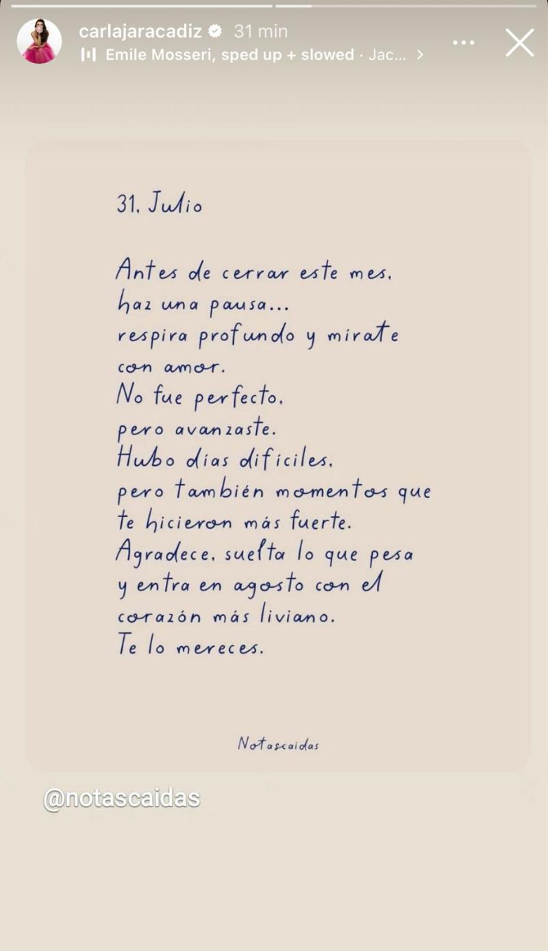 La reflexión de Carla Jara tras concluir mes de julio - Instagram