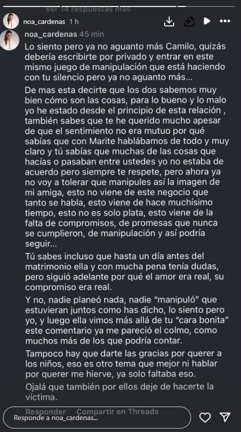 El potente descargo de Noa Cárdenas, amiga de Marité Matus por Instagram
